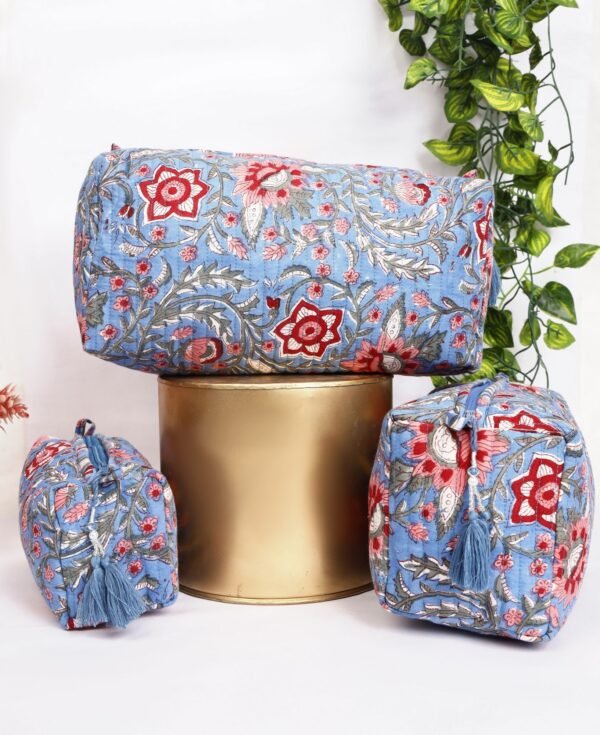 Authentic Block Print Bags  Quilted Cotton Makeup Travel Set  Ethical Gift for Women