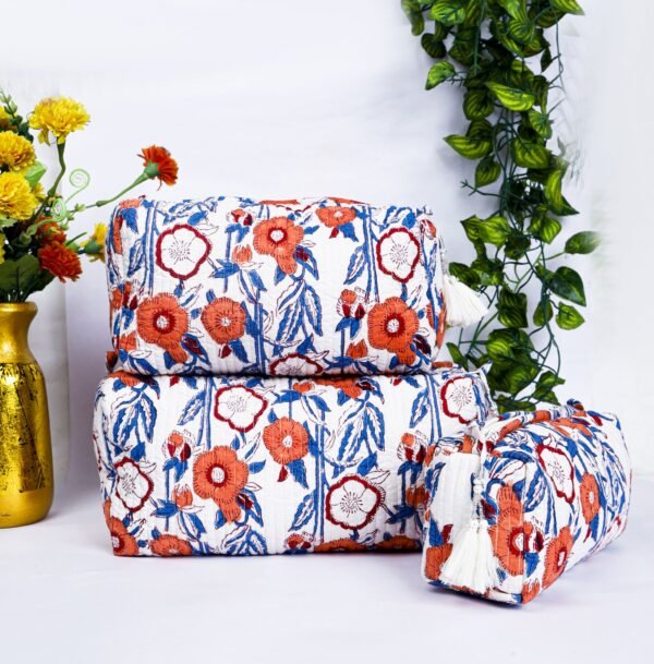 Block Print Cotton Toiletry Bags Set  Handmade Makeup Pouches  Boho Gift for Traveler