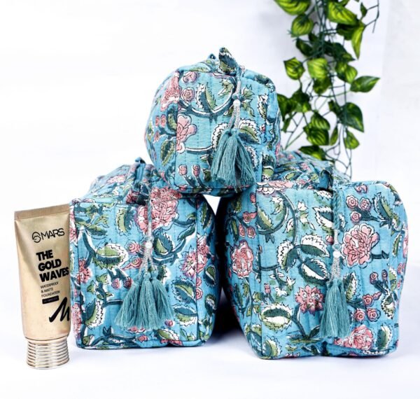 Block Print Toiletry Bags Set | 100% Cotton Quilted Makeup Pouch Trio | Jaipur Handcrafted Travel Case