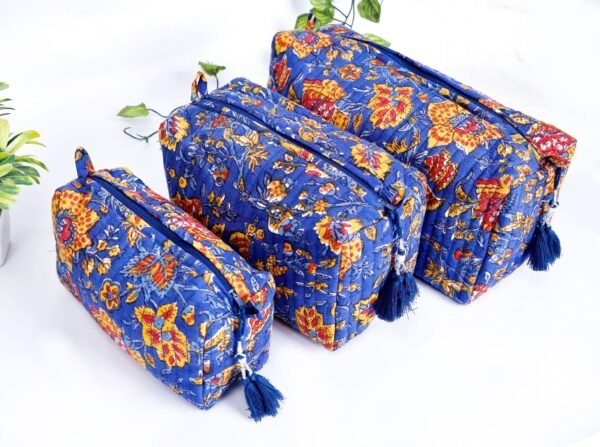 Cosmetic Pouch Set of 3 Cotton Quilted | Handmade Blocks Print Toiletry Bags | Block Print Makeup Pouches | Gift For Her