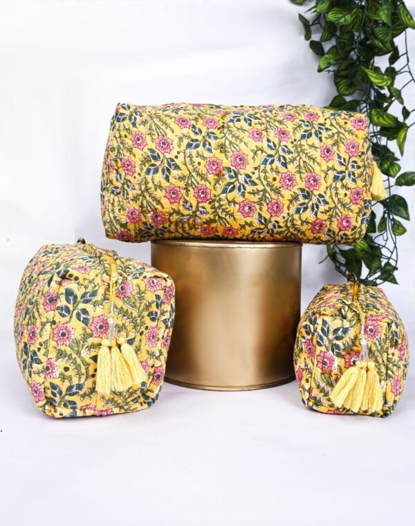 Cotton Quilted Makeup Pouch Trio  Block Printed Toiletry Bags  Gift Set for Her