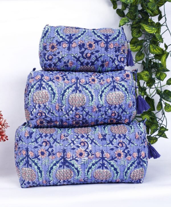 Cotton Travel Pouch Set  Handmade Quilted Toiletry Bag Set of 3  Block Print Design
