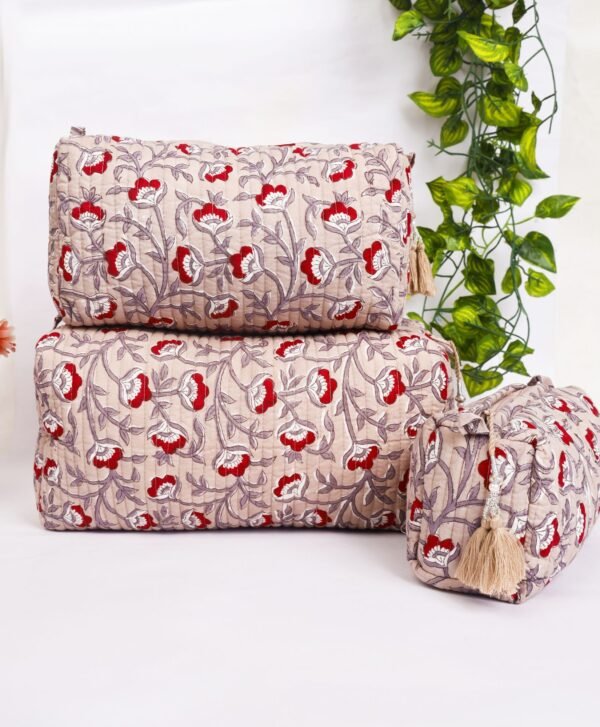 Eco-Friendly Makeup Bags  Cotton Quilted Toiletry Set  Bohemian Block Print Cosmetic Case