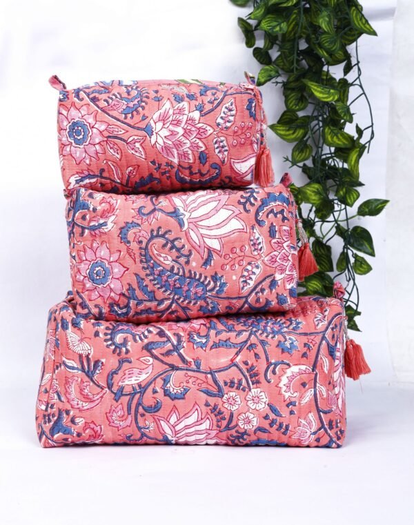 Eco-Friendly Quilted Toiletry Pouches | Cotton Block Print Makeup Bag Set | Handmade in India