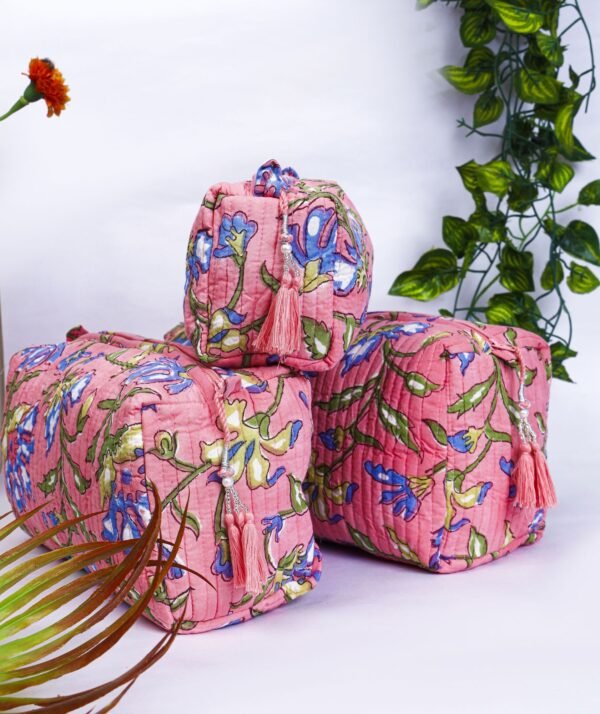 Handmade Cotton Makeup Bags Set of 3 | Indian Block Print Toiletry Organizers | Travel Pouches