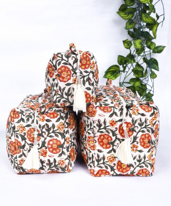 Handmade Quilted Cotton Cosmetic Bag Set of 3 | Indian Block Print Toiletry Pouches | Gift for Her