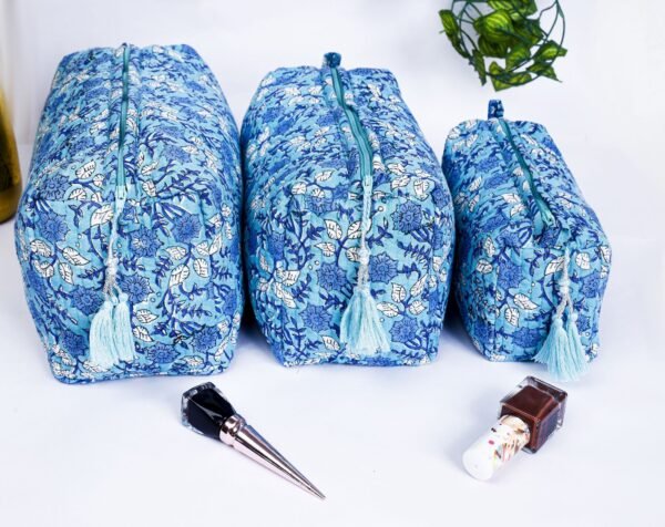 Block Print Cosmetic Bag Trio | Quilted Cotton Travel Makeup Organizer | Boho Gift Idea