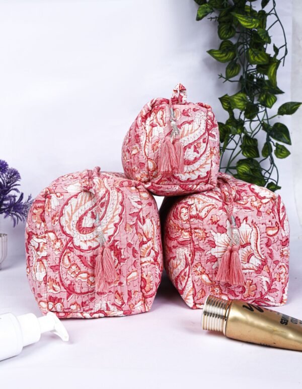 Makeup Organizer Bags  Set of 3 Quilted Cotton Pouches  Indian Floral Print Toiletry Bags