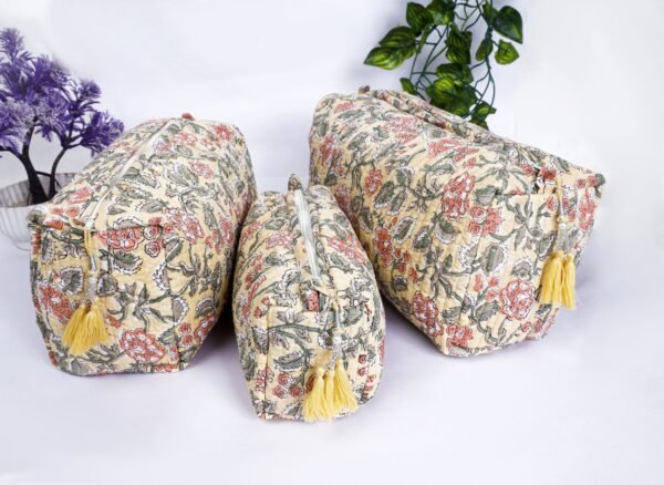 Natural Cotton Cosmetic Bags Set  Hand Quilted Toiletry Organizer  Bohemian Travel Gift