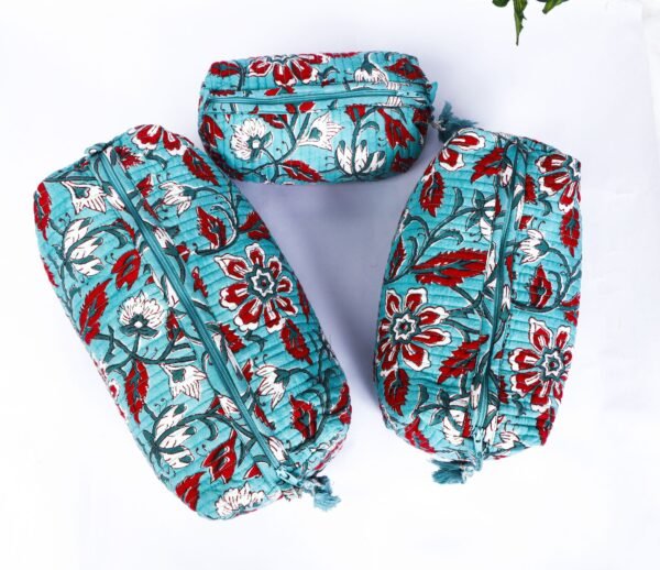 Quilted Makeup Bags  Set of 3 Indian Cotton Toiletry Organizers  Travel Essentials