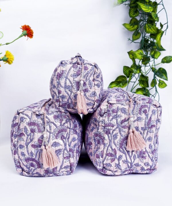 Set of 3 Quilted Cosmetic Pouches  Handmade Block Print Bags  Gift for Bridesmaids