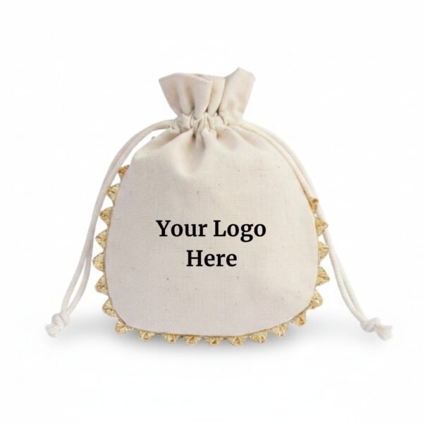 Natural Cotton Drawstring Pouches with Golden Lace & Custom Logo - 100 Pcs