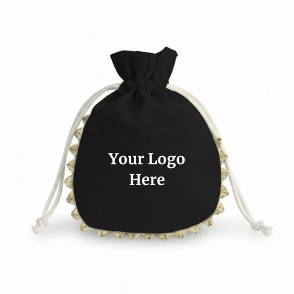 Obsidian Black Cotton Drawstring Pouches with Golden Lace & Custom Logo - 100 Pcs