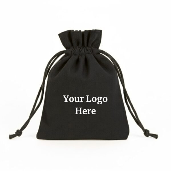 Obsidian Black Cotton Drawstring Pouches with Custom Logo - 100 Pcs