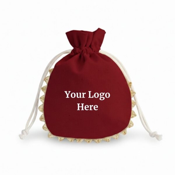 Regal Ruby Cotton Drawstring Pouches with Golden Lace & Custom Logo - 100 Pcs