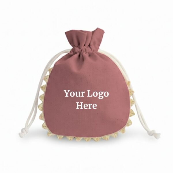 Rose Quartz Cotton Drawstring Pouches with Golden Lace & Custom Logo - 100 Pcs