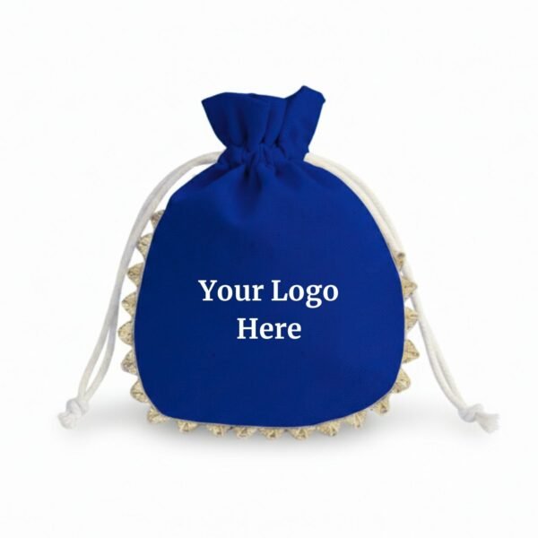 Royal Sapphire Cotton Drawstring Pouches with Golden Lace & Custom Logo - 100 Pcs